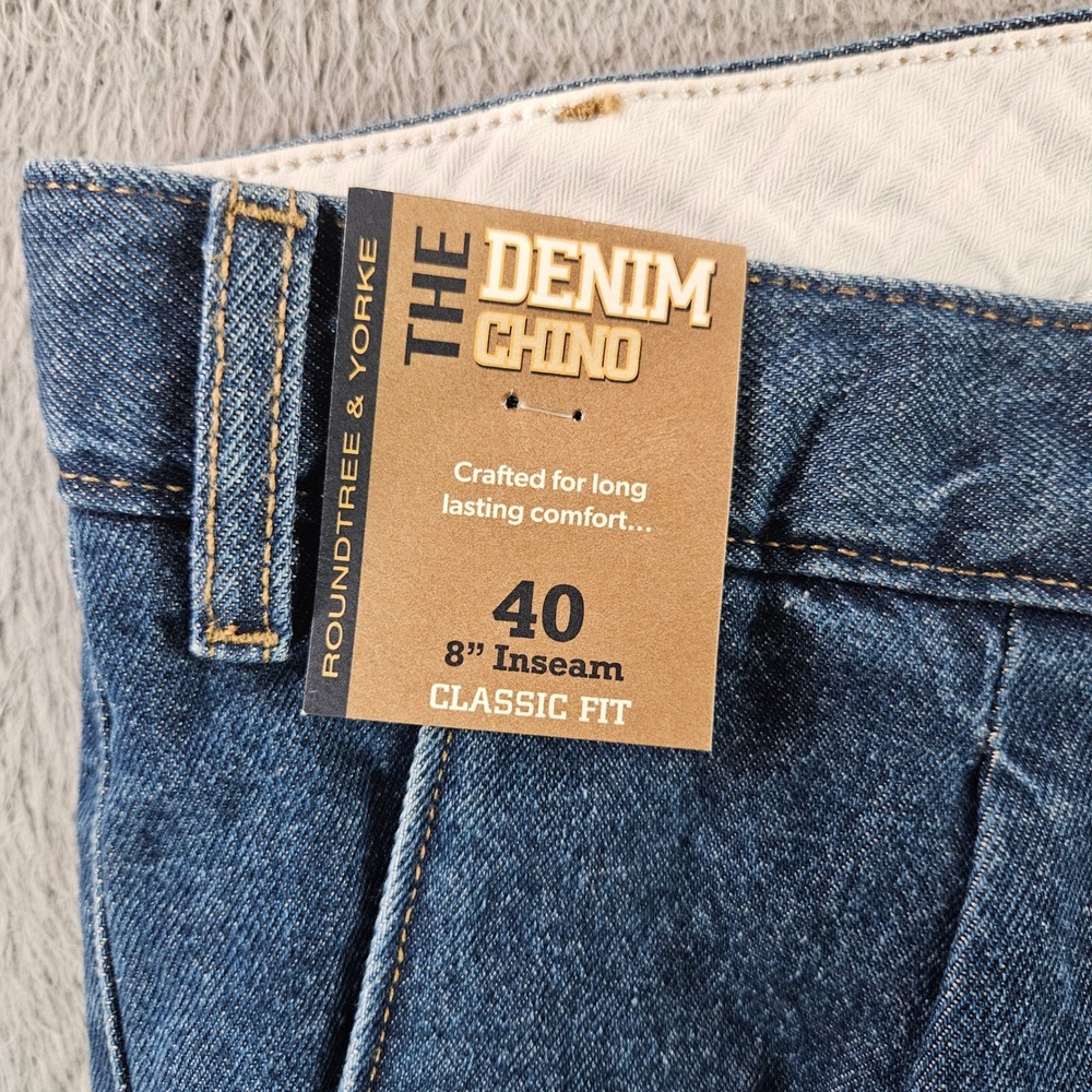 Roundtree & Yorke Mens Blue Denim Chino Shorts Pleated Classic Fit 40 8 Inseam